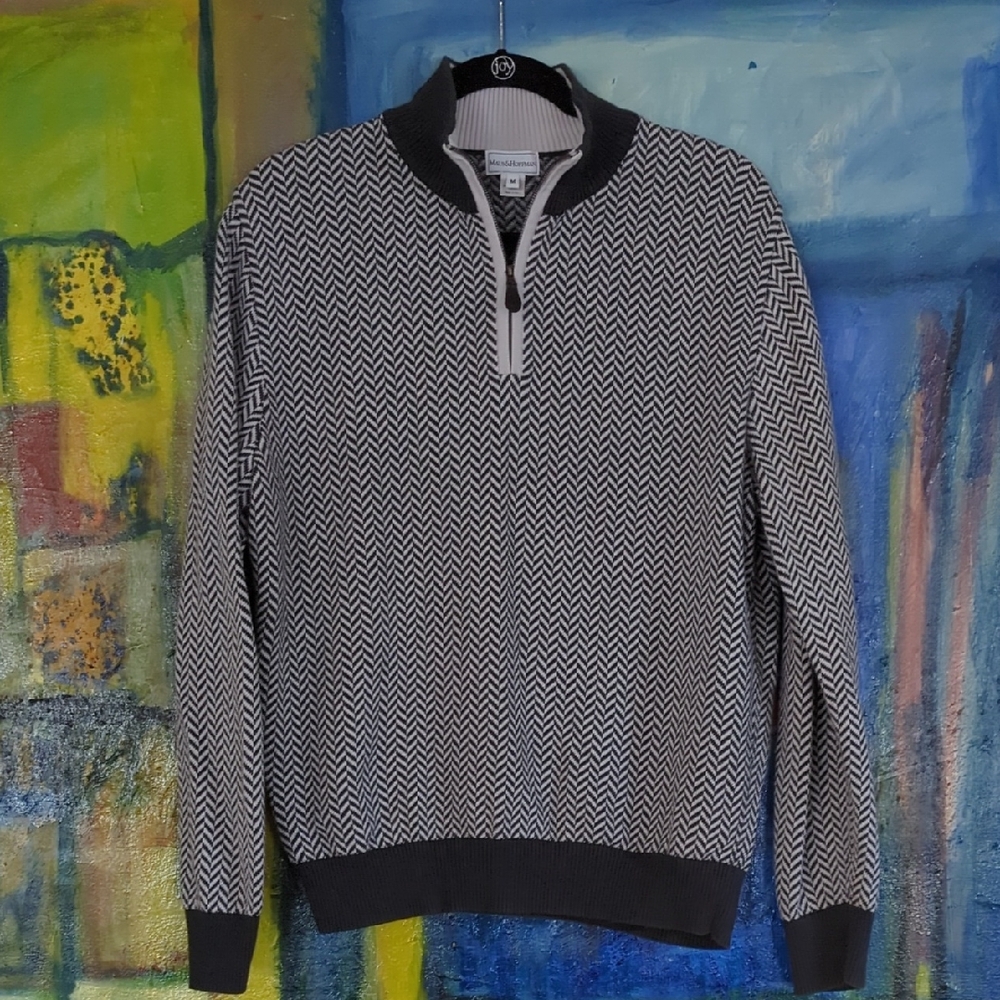 Maus & Hoffman Men's Gray and Ecru Half-Zip Sweater Size Medium 100% Pima Cotton